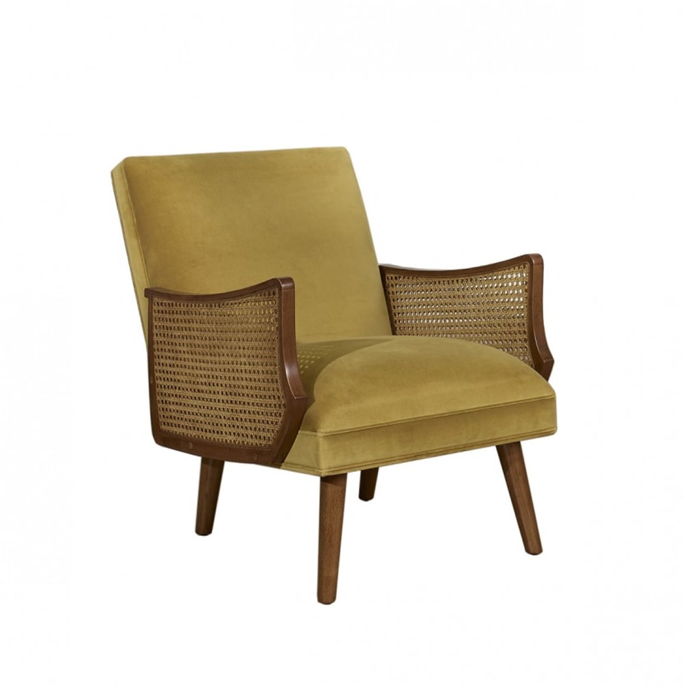 Fauteuil en hévéa, cannage et velours jaune moutarde Fauteuil en hévéa, cannage et velours jaune moutarde