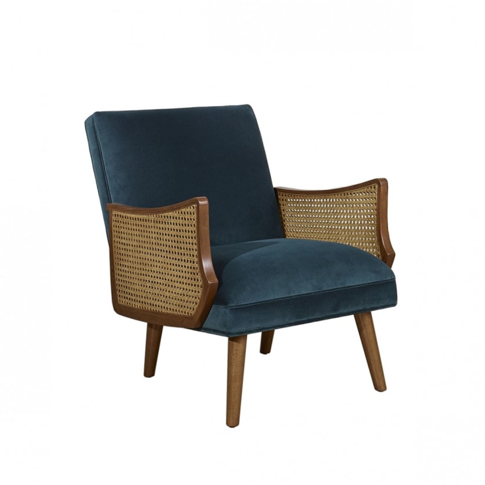 Fauteuil en hévéa, cannage et velours jaune moutarde Fauteuil en hévéa, cannage et velours jaune moutarde
