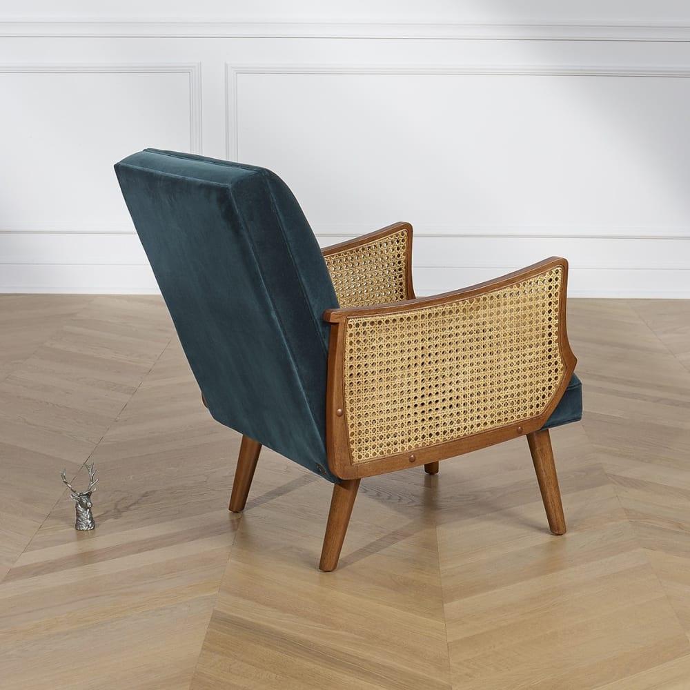 Fauteuil en hévéa, cannage et velours jaune moutarde