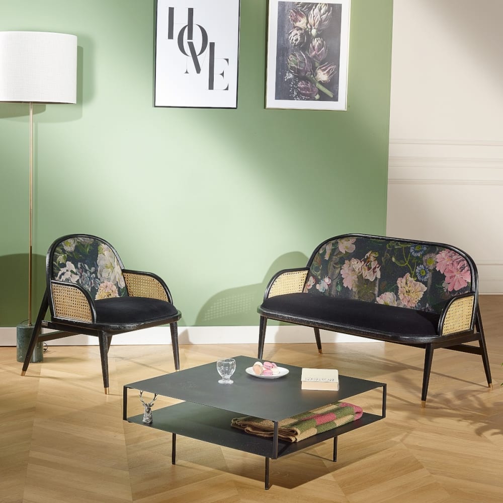 Banquette 2 places style scandinave, en chêne et tissu noir