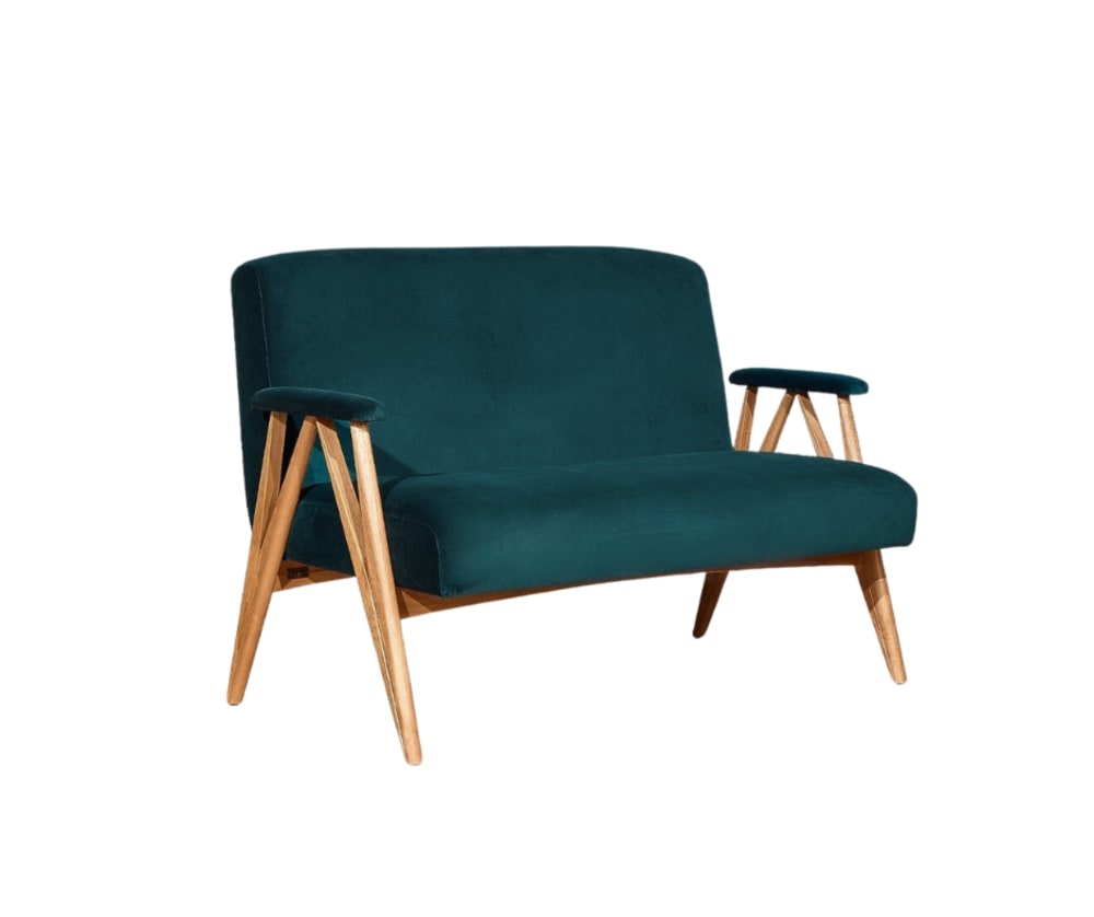Banquette style scandinave 2 places en hévéa massif et bleu paon