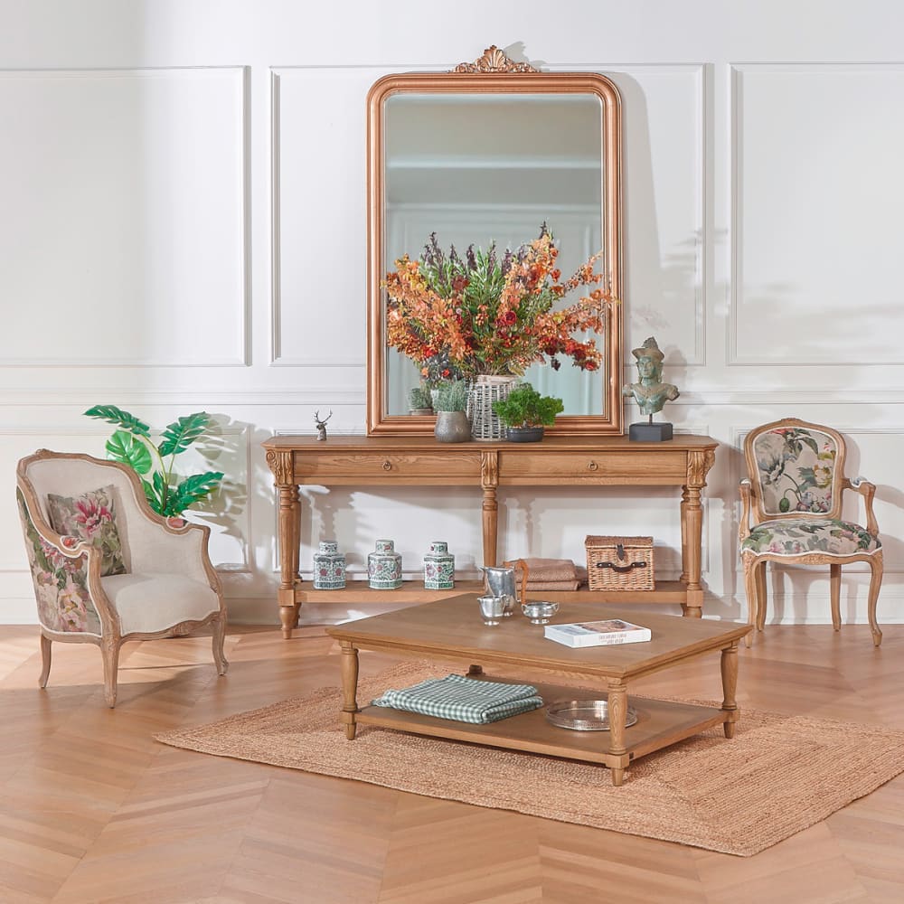 Console double style shabby chic, plateau en chêne, 2 tiroirs bois