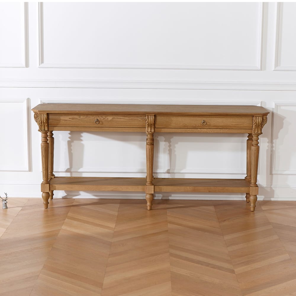 Console double style shabby chic, plateau en chêne, 2 tiroirs bois
