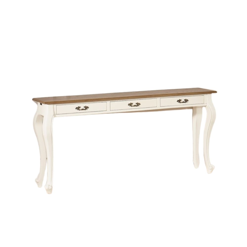Console style shabby chic, plateau en chêne, 3 tiroirs blanche