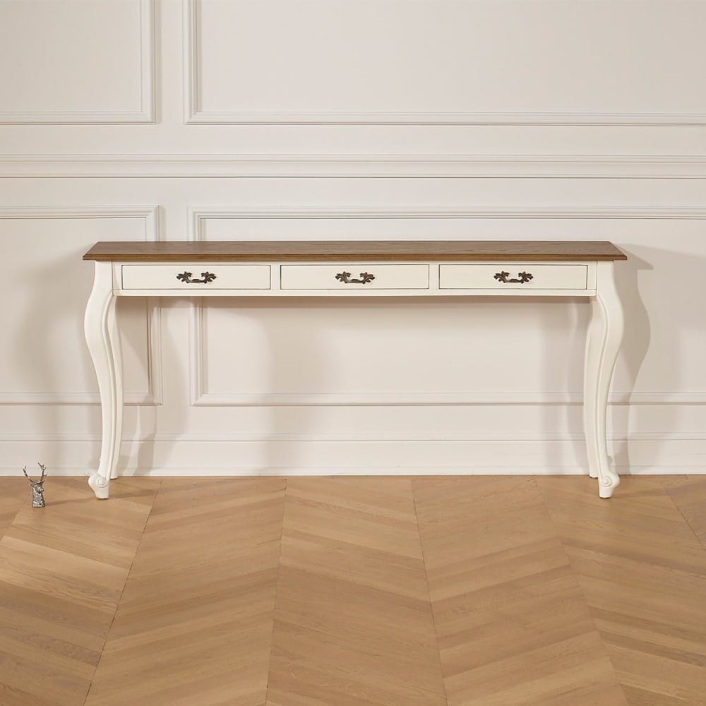 Console style shabby chic, plateau en chêne, 3 tiroirs blanche