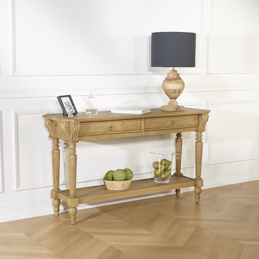 Console style shabby chic, plateau en chêne, 2 tiroirs bois