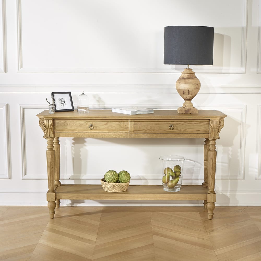 Console style shabby chic, plateau en chêne, 2 tiroirs bois