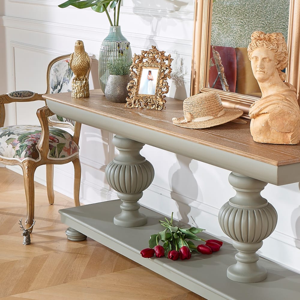 Console style shabby chic, plateau en chêne, pieds balustres grise