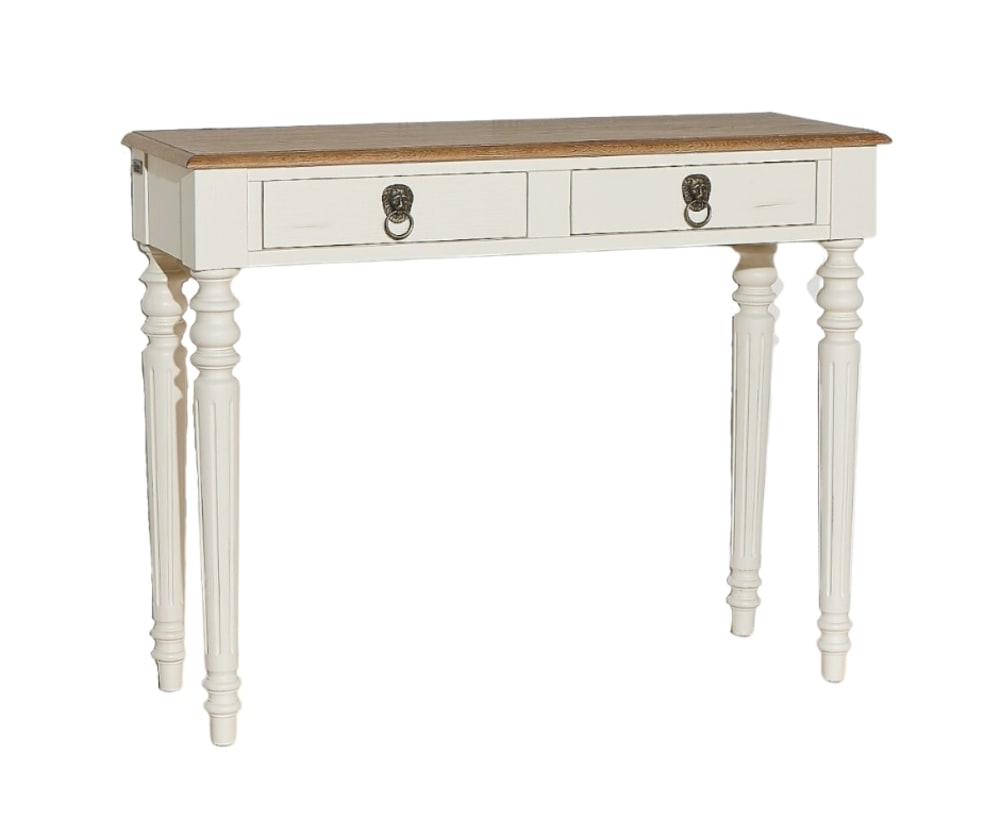 Console style shabby chic, plateau en chêne, 2 tiroirs blanche