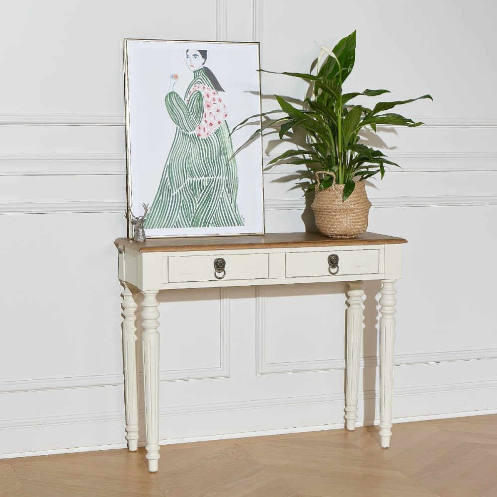 Konsole mit 2 Schubladen und Eichenplatte weiß - Maisons Du Monde