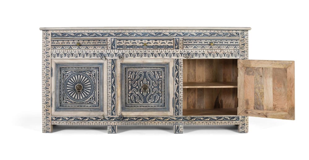 Sideboard mit drei Schubladen und vier Türen aus Sheeshamholz -