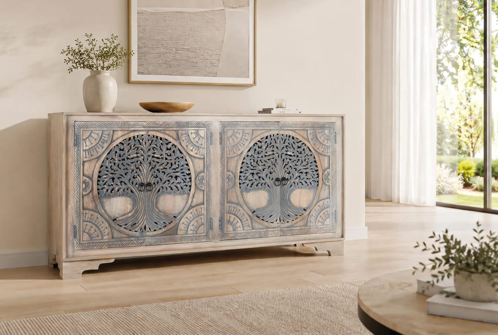 Buffet en bois de manguier avec 4 portes décorées à la main