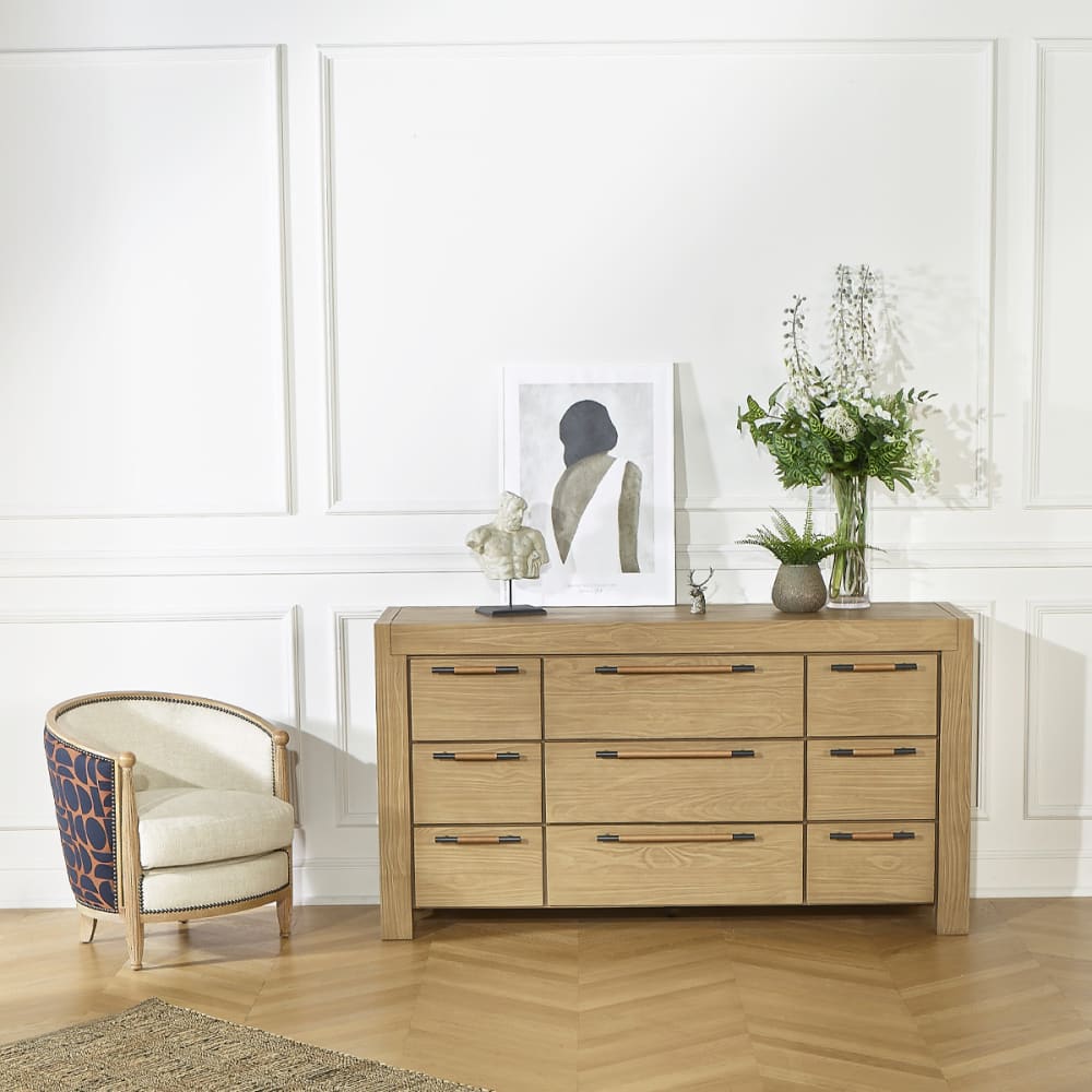 Commode contemporaine en bois massif, 9 tiroirs bois