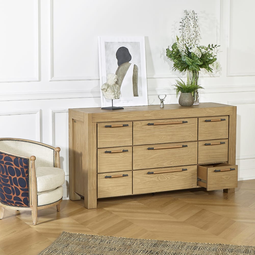 Commode contemporaine en bois massif, 9 tiroirs bois