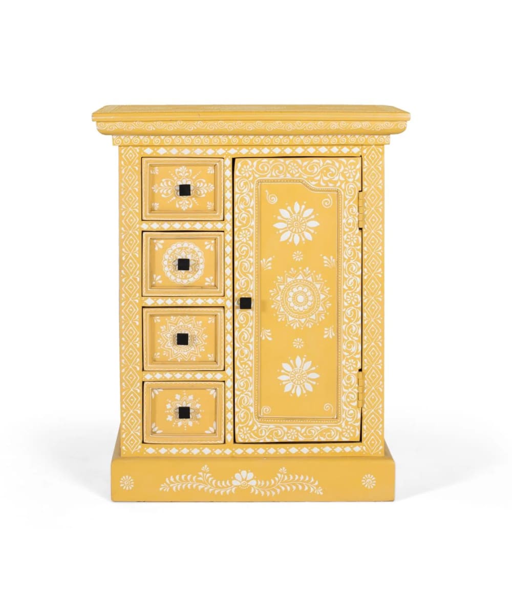 GINER Y COLOMER Sideboard aus Mangoholz mit handdekorierter Tür Gelb
