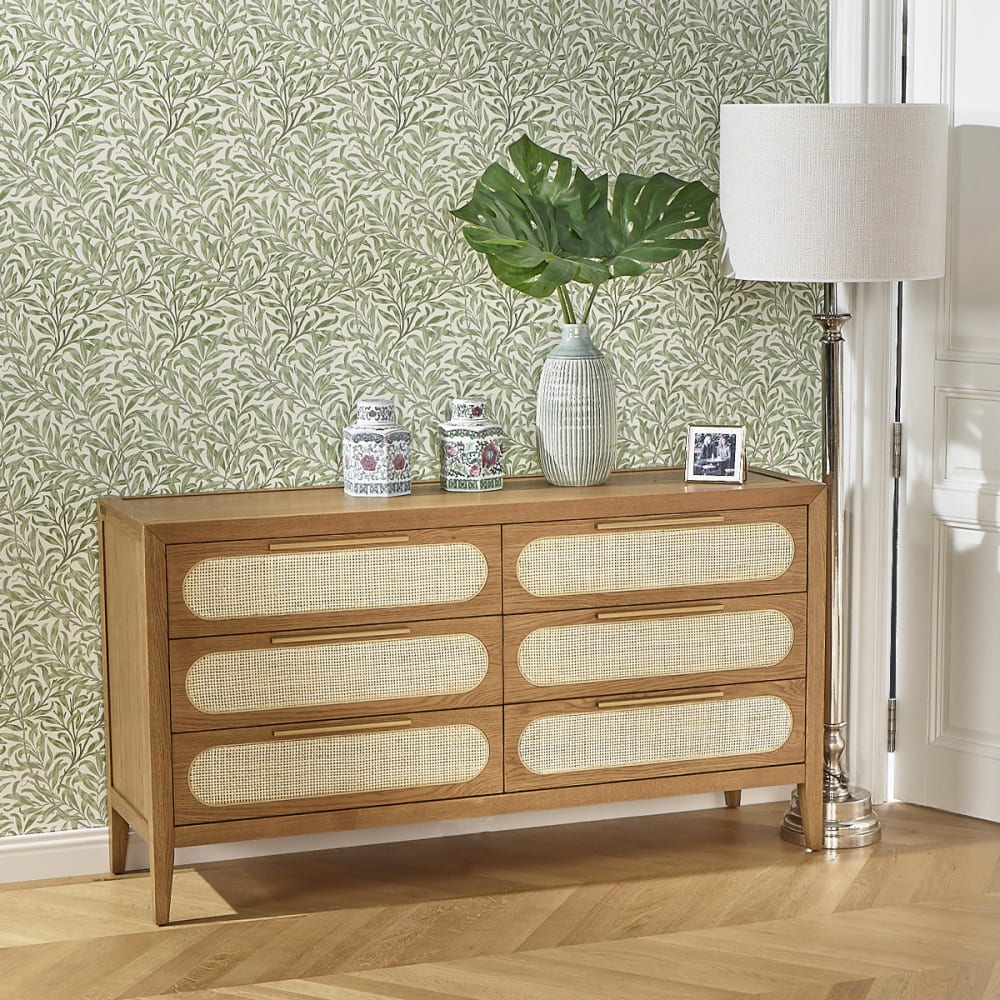 Commode 6 tiroirs en chêne et cannage bois