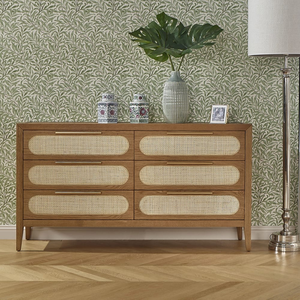 Commode 6 tiroirs en chêne et cannage marron
