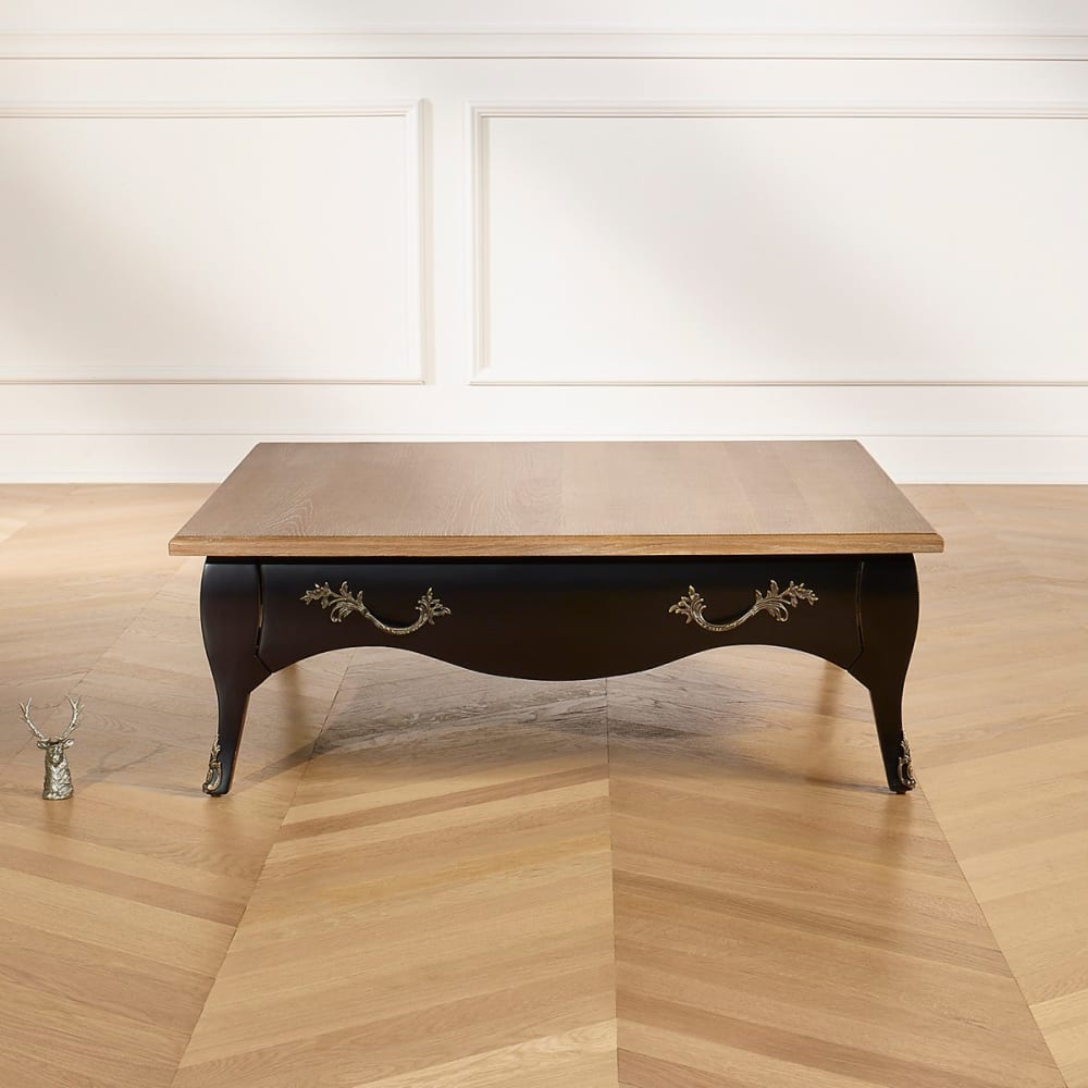Table basse carrée style shabby chic, 1 tiroir en chêne noire