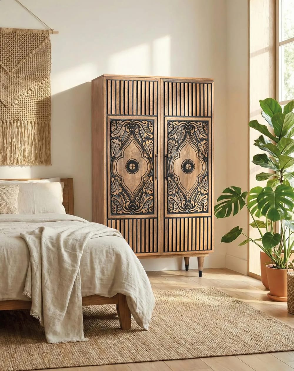 Hohes Sideboard aus Mangoholz und handbemalten Details - Maisons