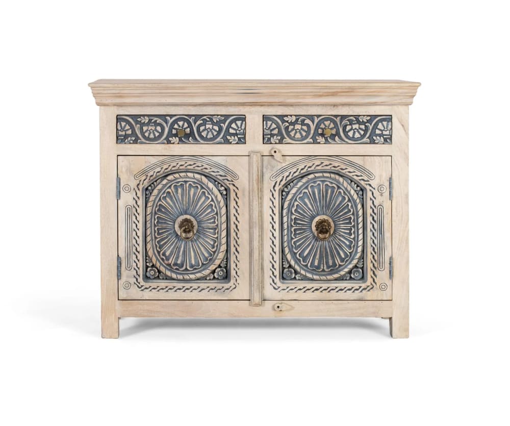 GINER Y COLOMER Handgeschnitztes Sideboard mit zwei Schubladen und zwei Türen Blau Holz