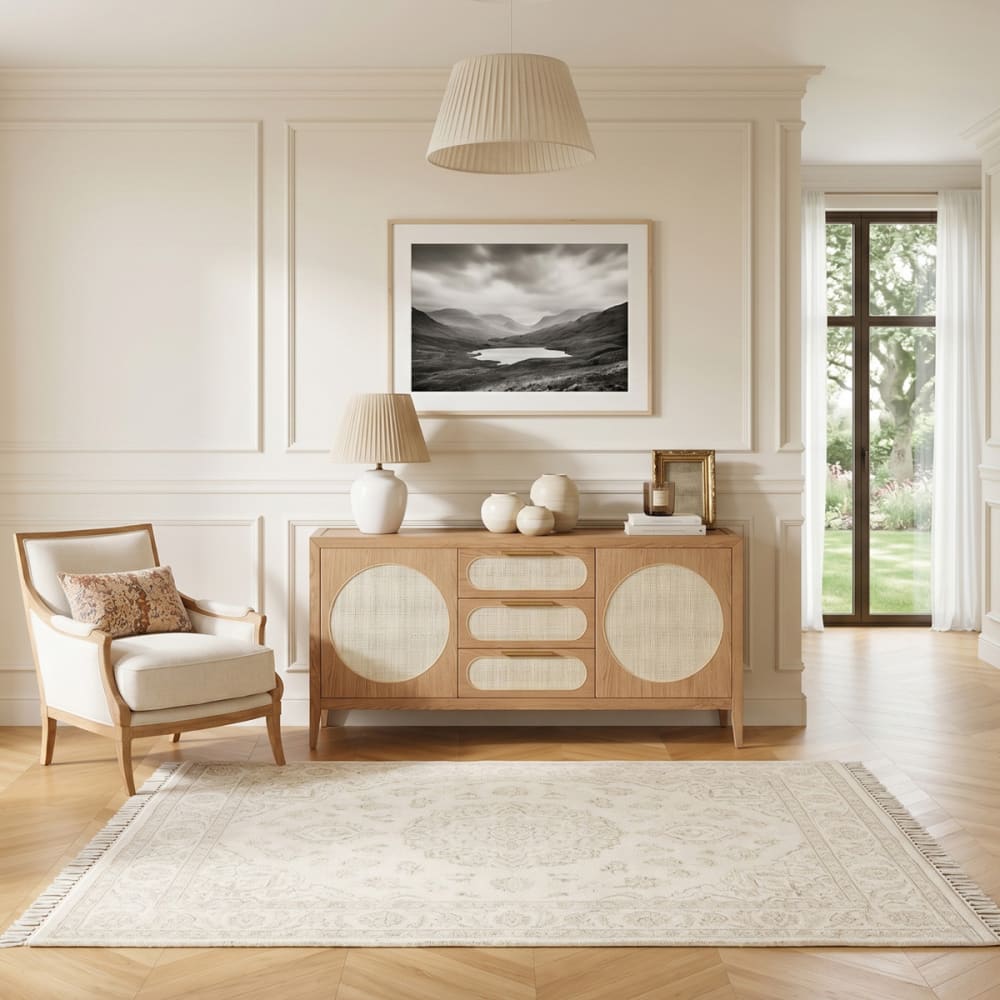 Buffet en chêne et cannage 2 portes et 3 tiroirs marron
