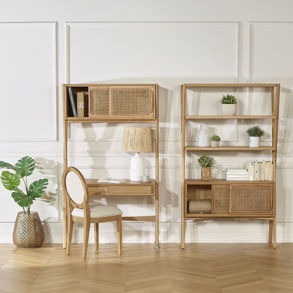 Etagère portes coulissantes en chêne et cannage teinte claire