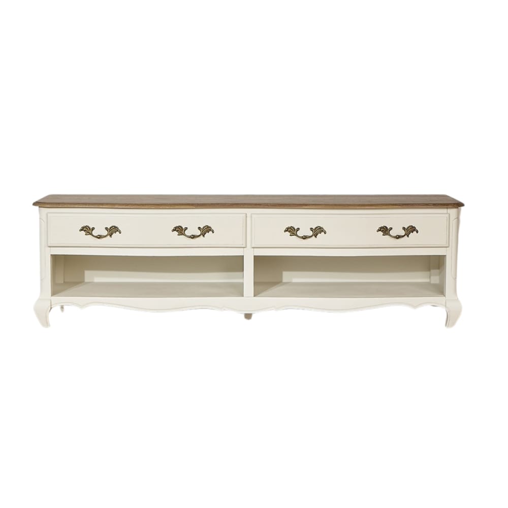 Meuble TV plateau chêne 2 tiroirs 2 niches blanc