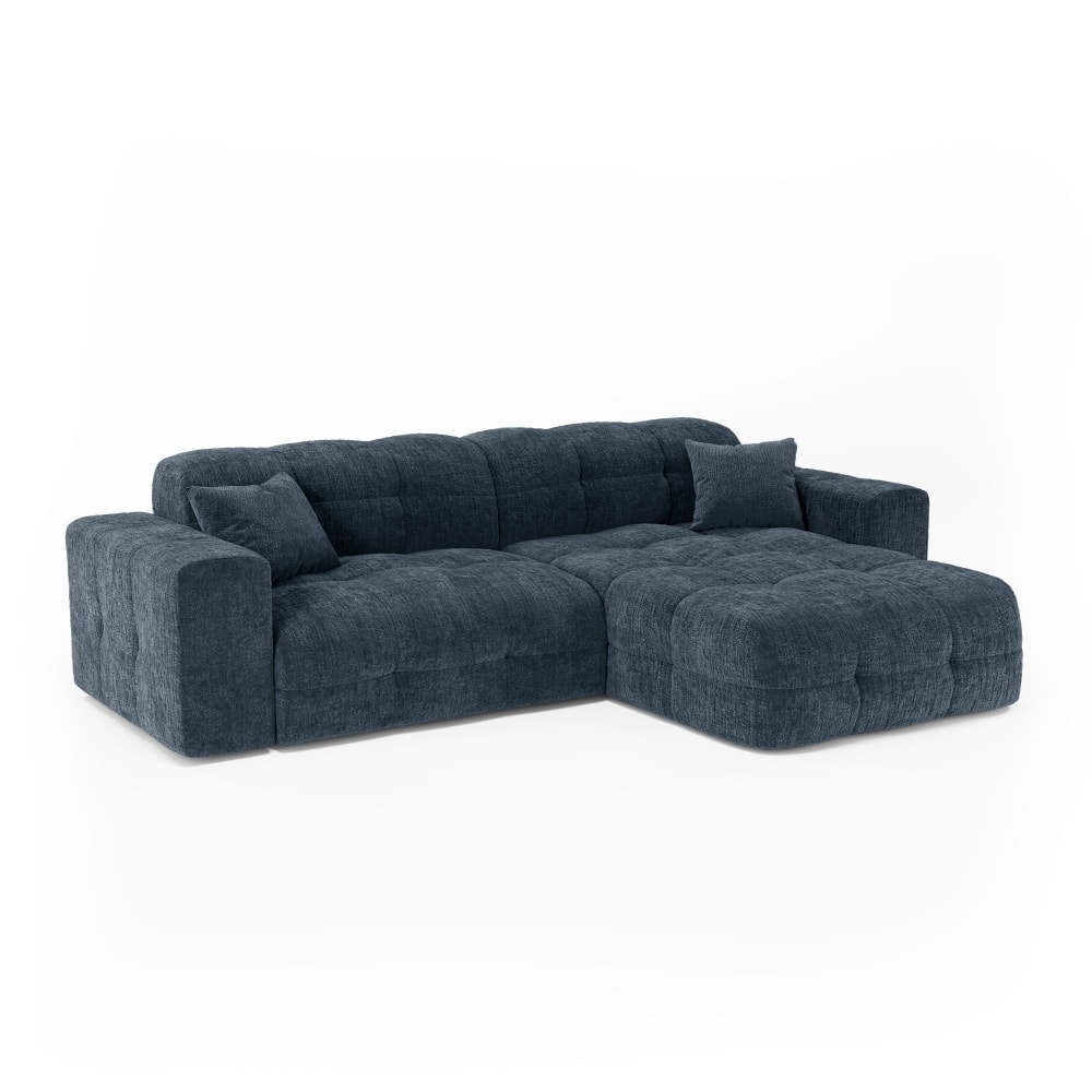 Canapé angle droit 5 places en velours gaufré bleu minéral