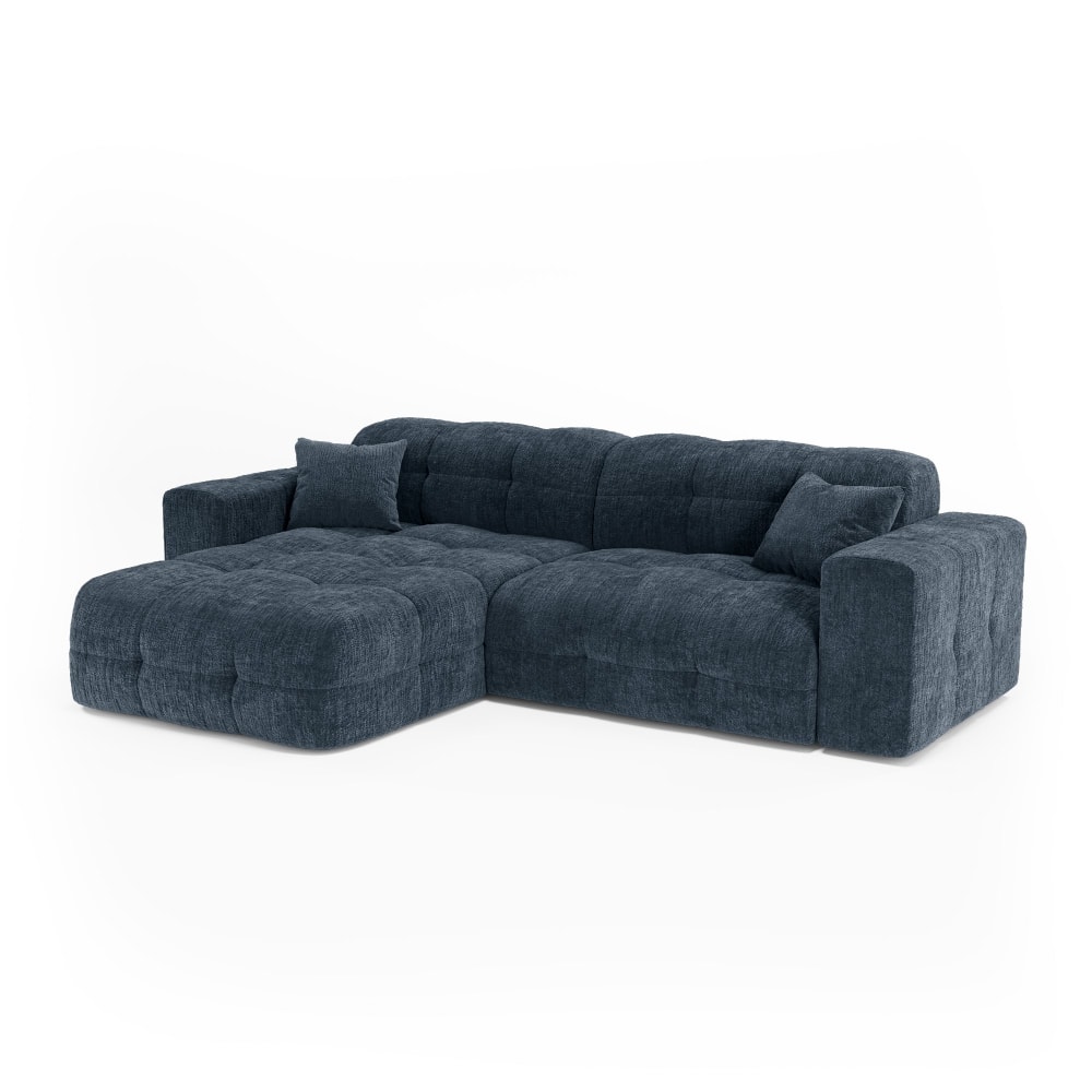 Canapé angle gauche 5 places en velours gaufré bleu minéral