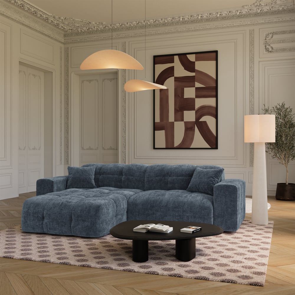 Canapé angle gauche 5 places en velours gaufré bleu minéral