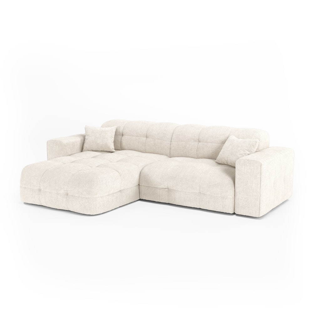 Canapé angle gauche 5 places en velours gaufré crème