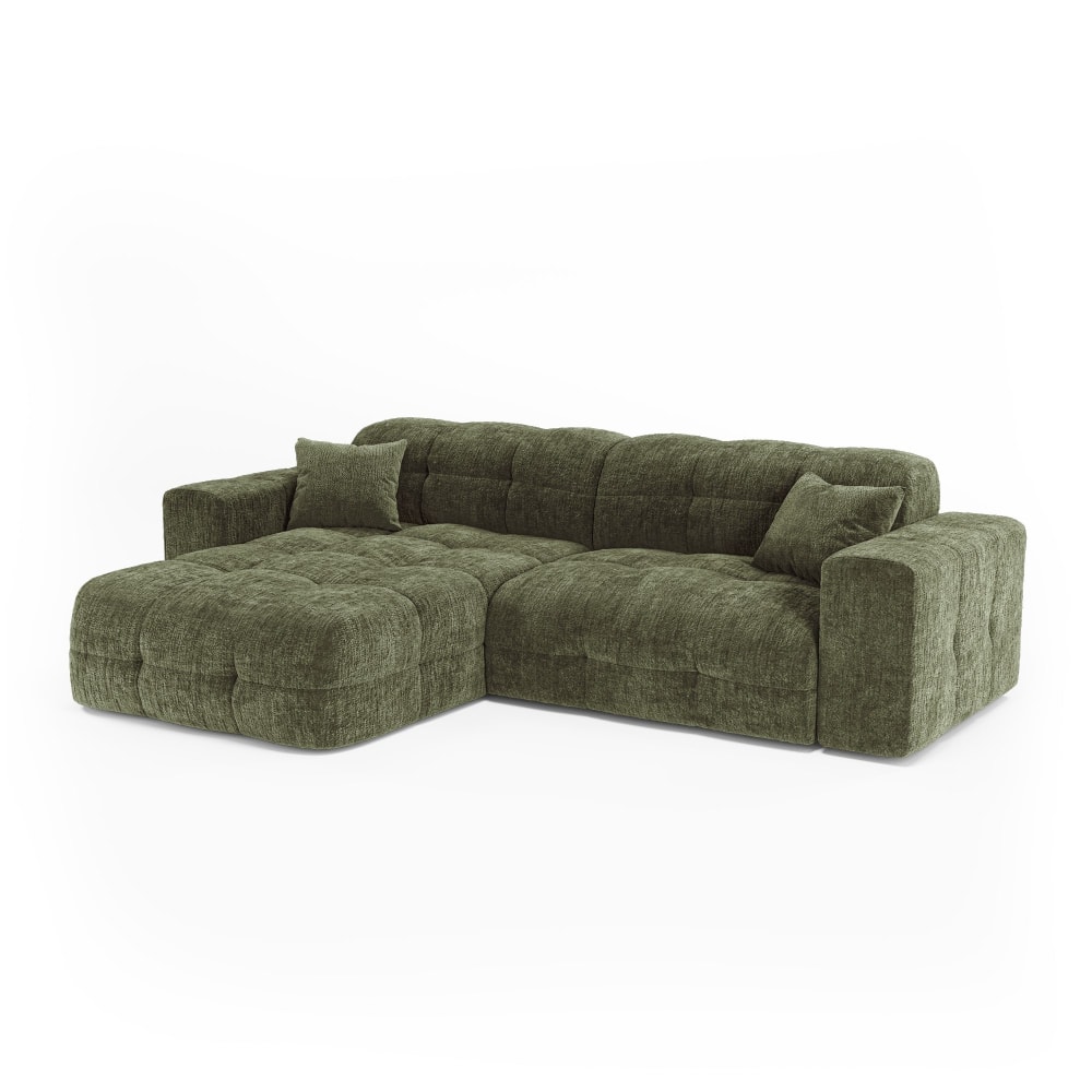 Canapé angle gauche 5 places en velours gaufré vert vintage