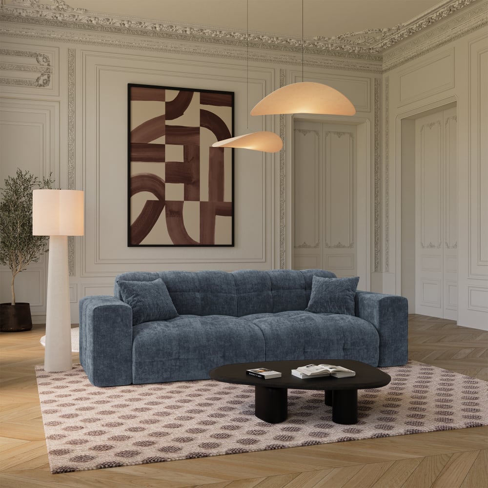 Canapé 4 places en velours gaufré bleu minéral