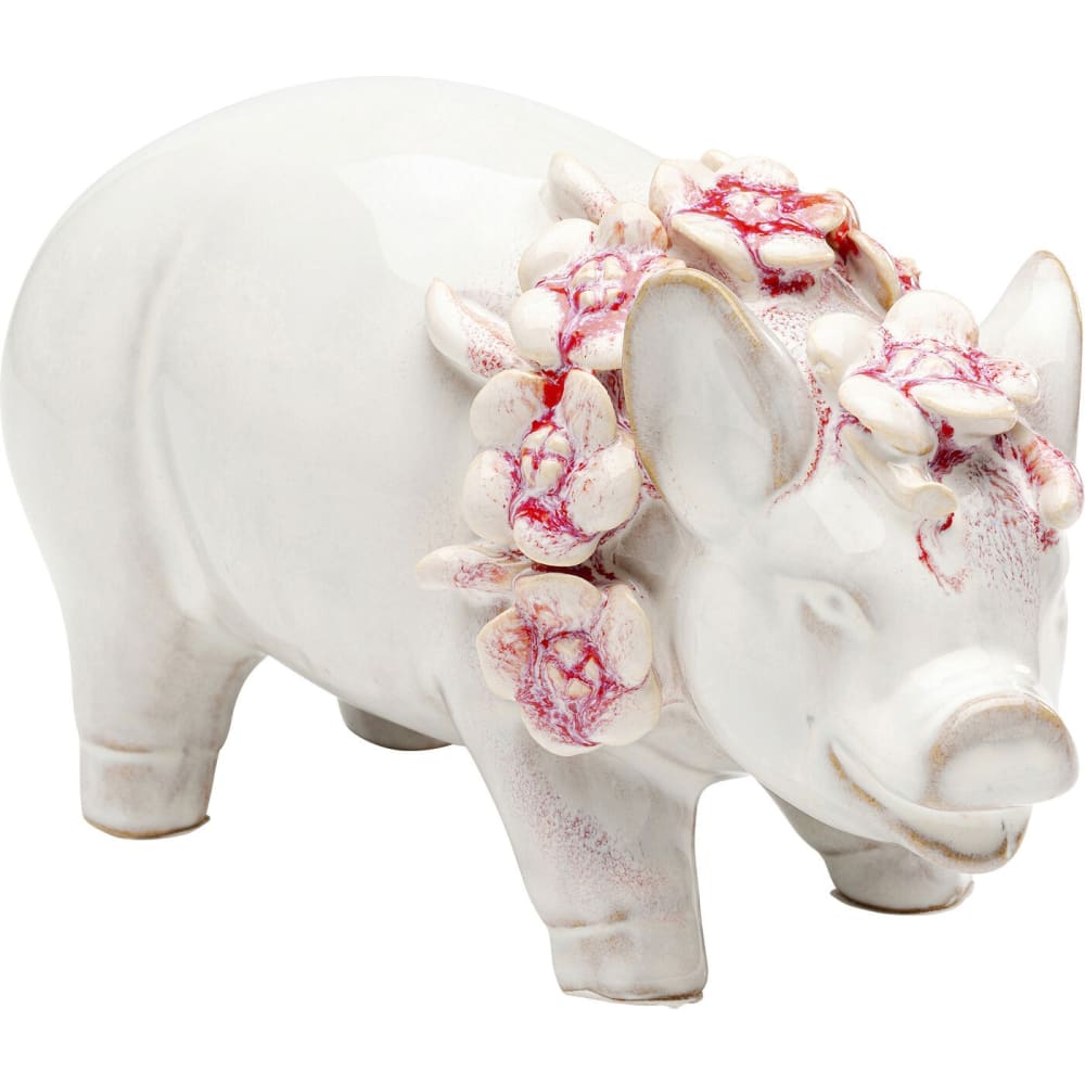 Kare Design Dekofigur Schwein mit Blumenkette aus Porzellan, weiß, H11cm style modern - Porzellan