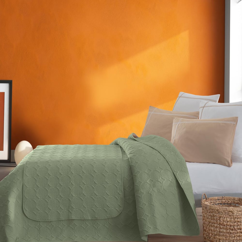 Chemin de lit en percale de coton surpiqué  sauge 80x200 cm