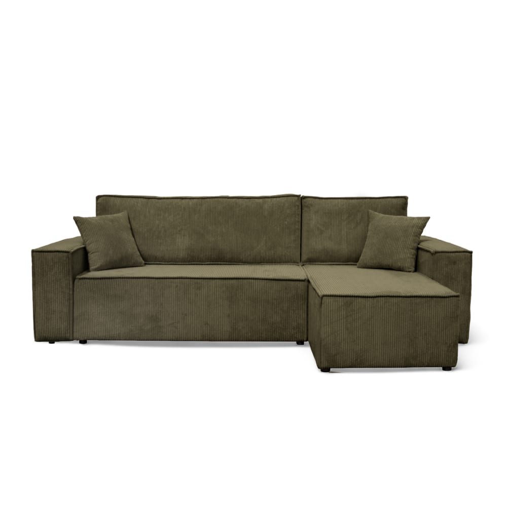 Canapé d'angle convertible 4 places en velours côtelé vert kaki