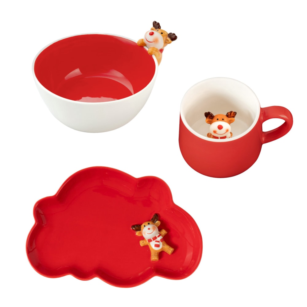 Set mit 3 Kindergeschirrteilen aus Steingut, Rot - Maisons Du