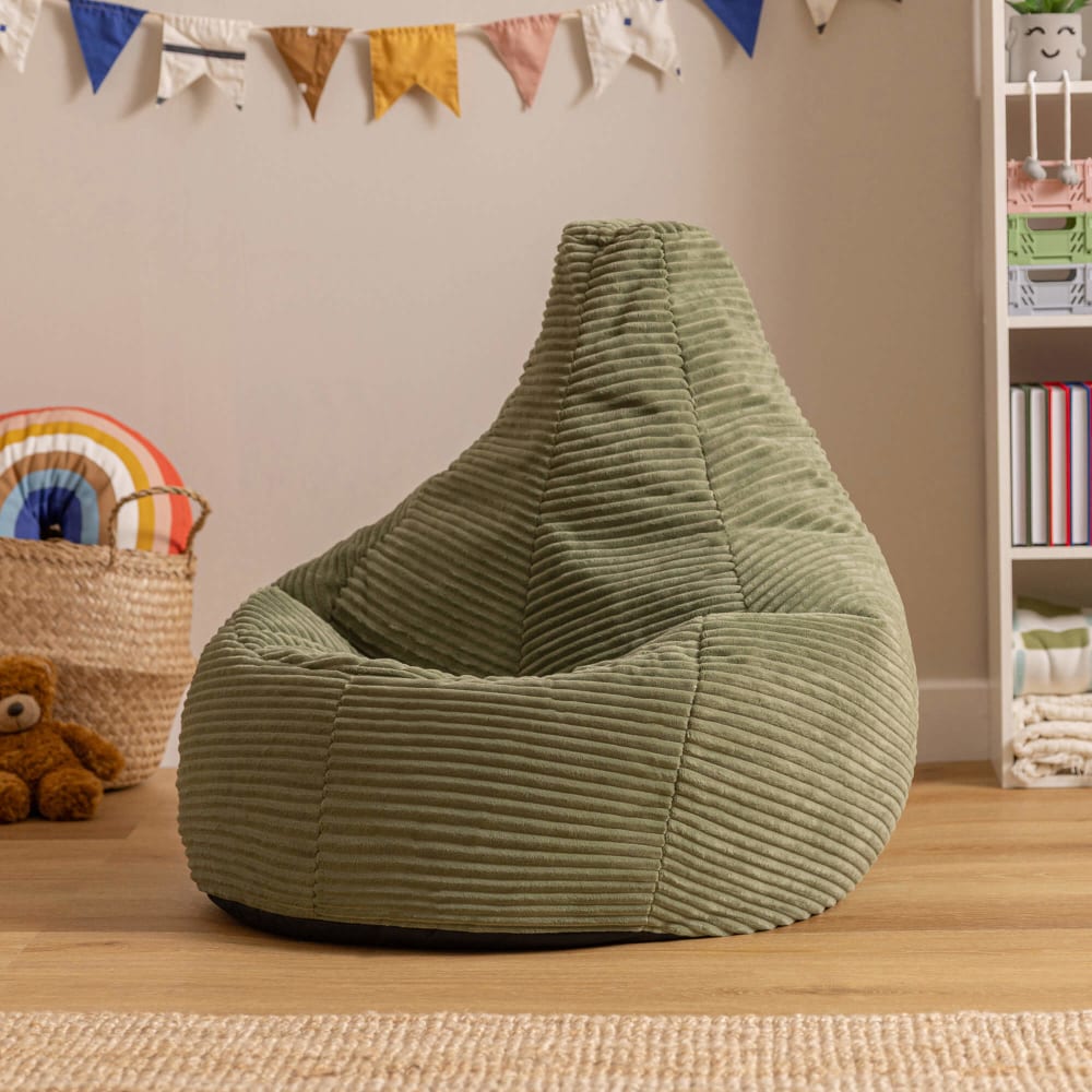 Lot de 2 poufs poire enfant à dossier haut velours côtelé vert sauge