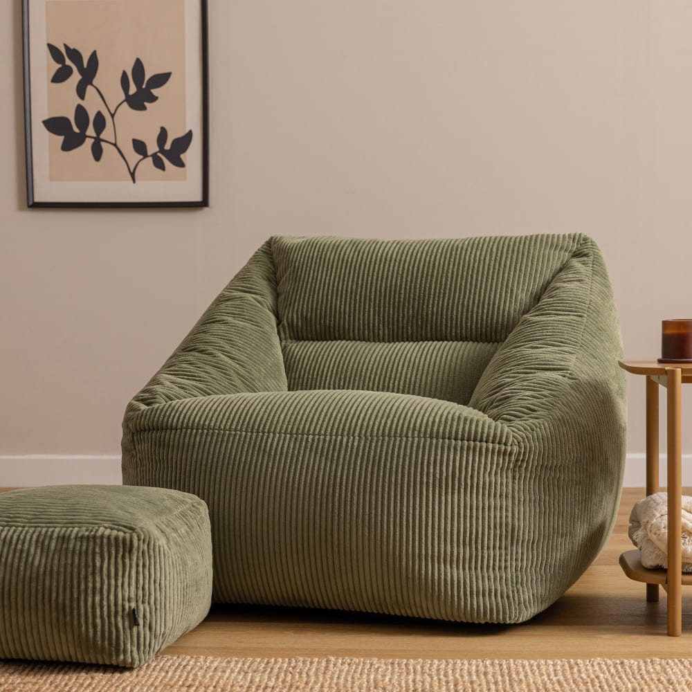 Pouf fauteuil avec repose-pied carré velours côtelé vert sauge