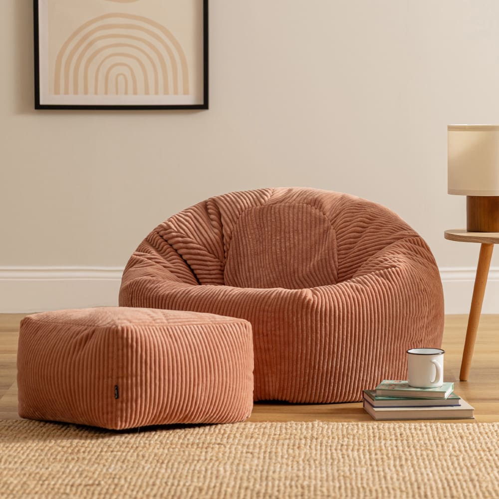 Pouf avec repose-pied carré velours côtelé rose aube