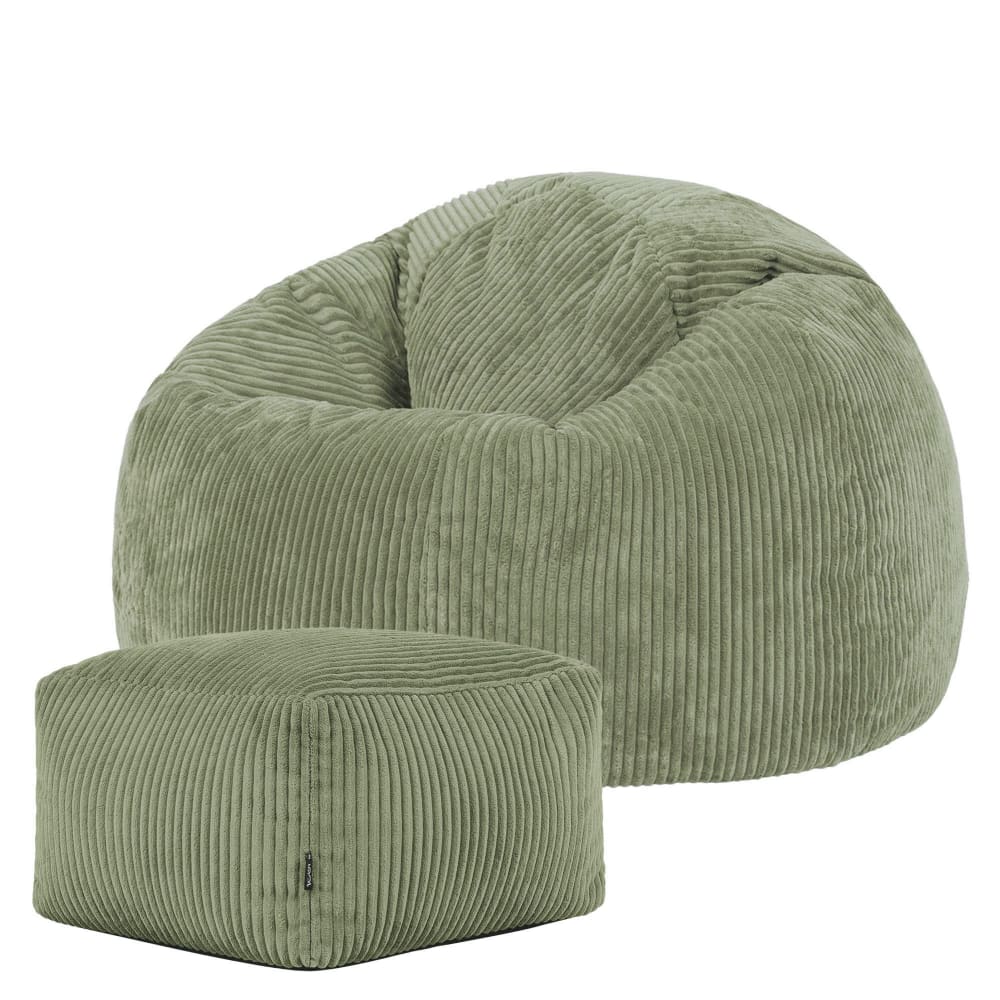 Pouf avec repose-pied carré velours côtelé vert sauge — Beyit