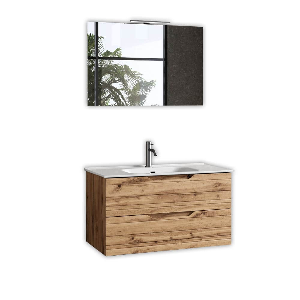 mueble de bano con espejo de 4 piezas en mdf roble nudo