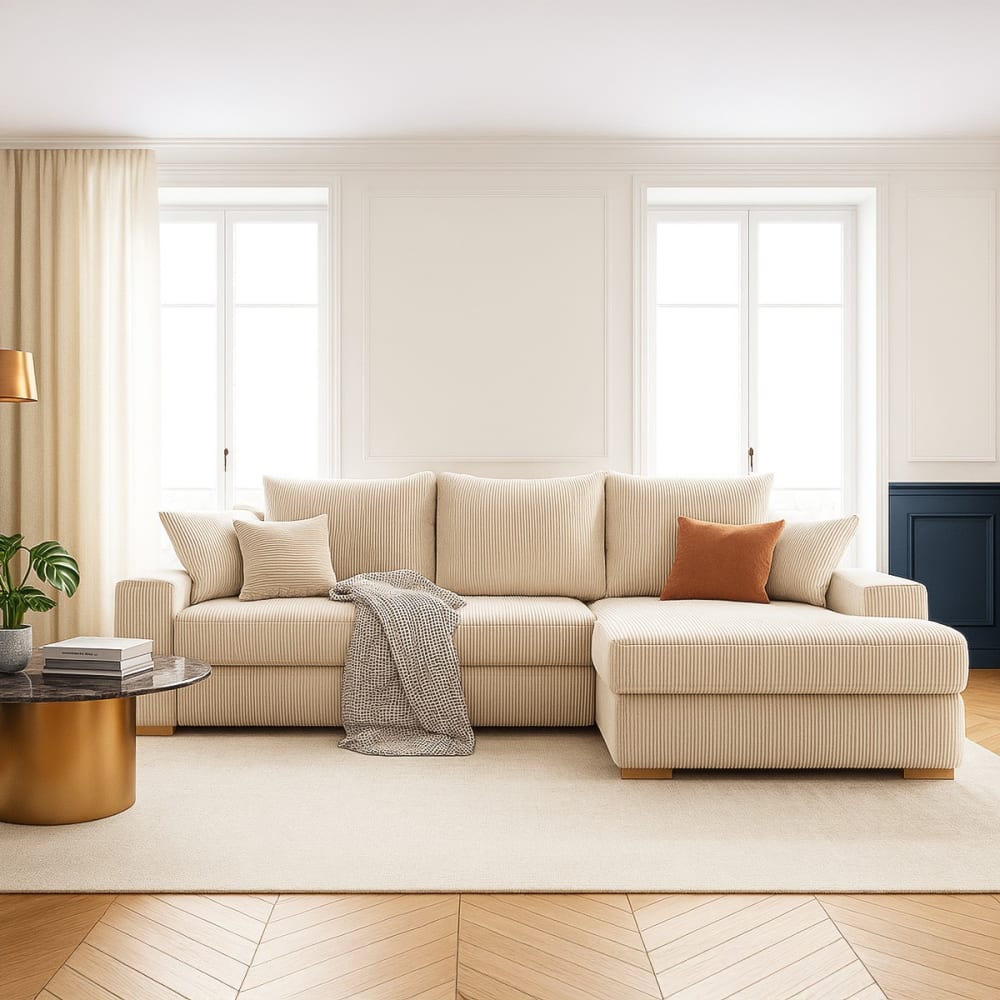 Canapé d'angle à droite convertible 3/4 places en velours côtelé beige