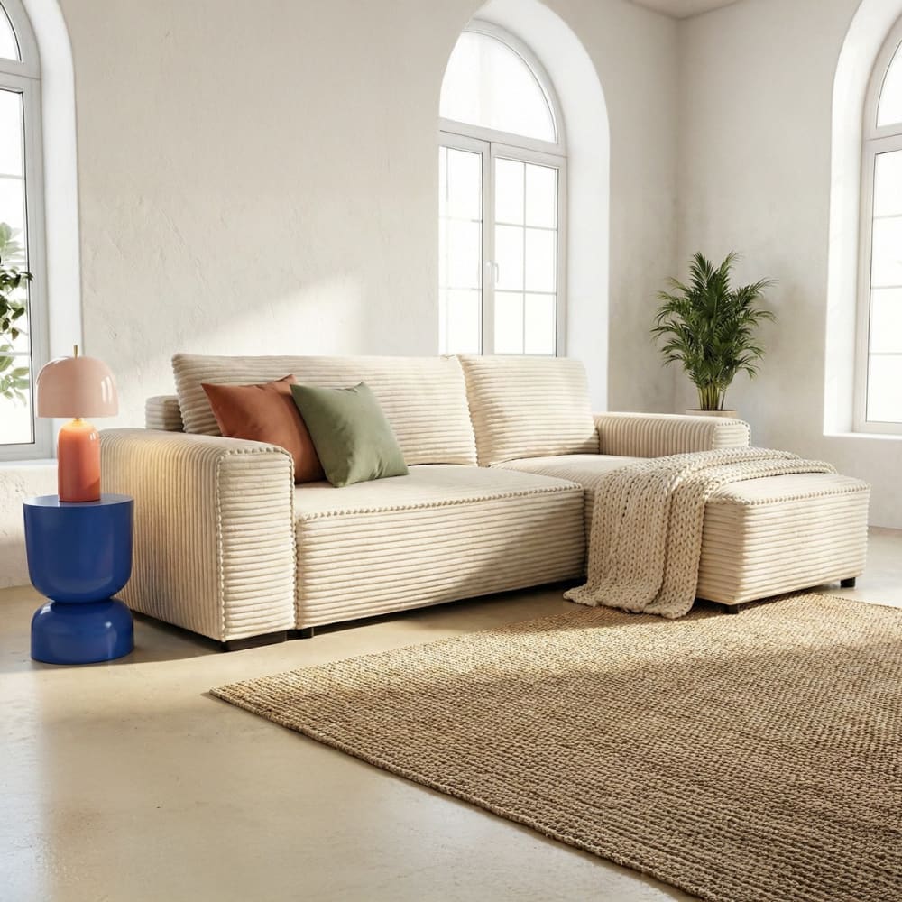 Canapé d'angle convertible 3/4 places en velours gros côtelé beige