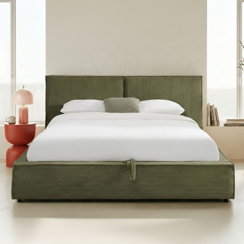 Lit coffre 140x190 cm avec tête de lit en velours côtelé vert