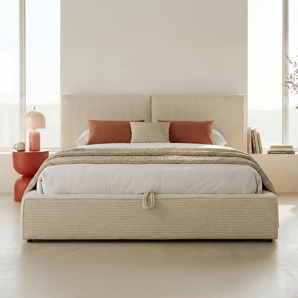 Lit coffre 140x190 cm avec tête de lit en velours côtelé beige