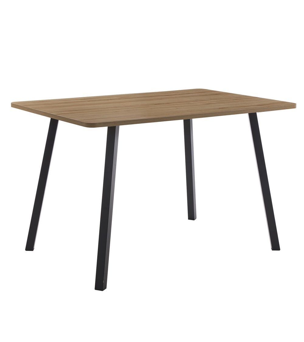 mesa de comedor con tapa en melamina en roble y patas metalicas negras