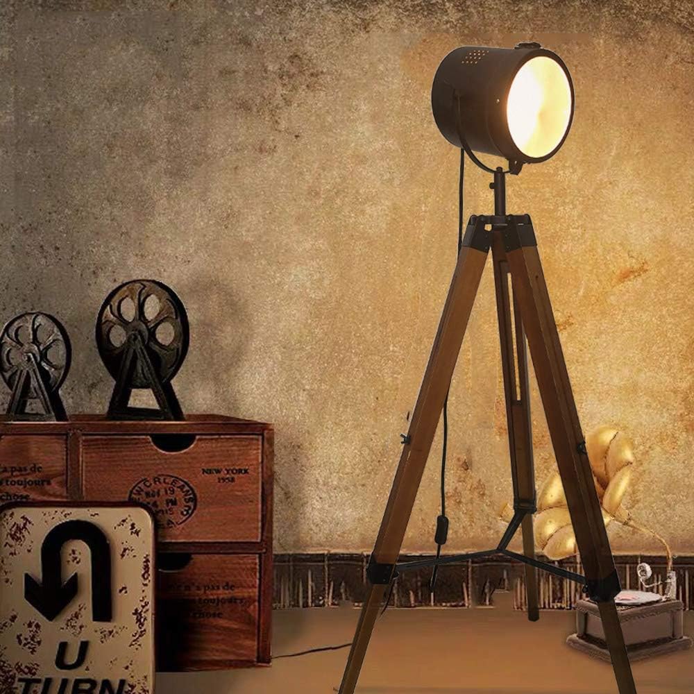 Lampadaire trépied en bois naturel, E27, réglable, noir Max.140cm