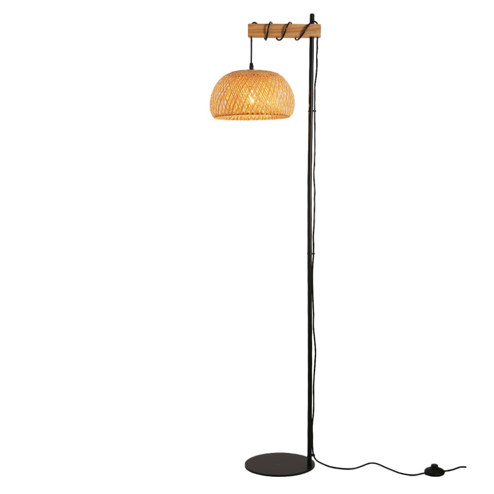 Lampadaire métal et bois avec abat-jour rond en osier, H153 cm