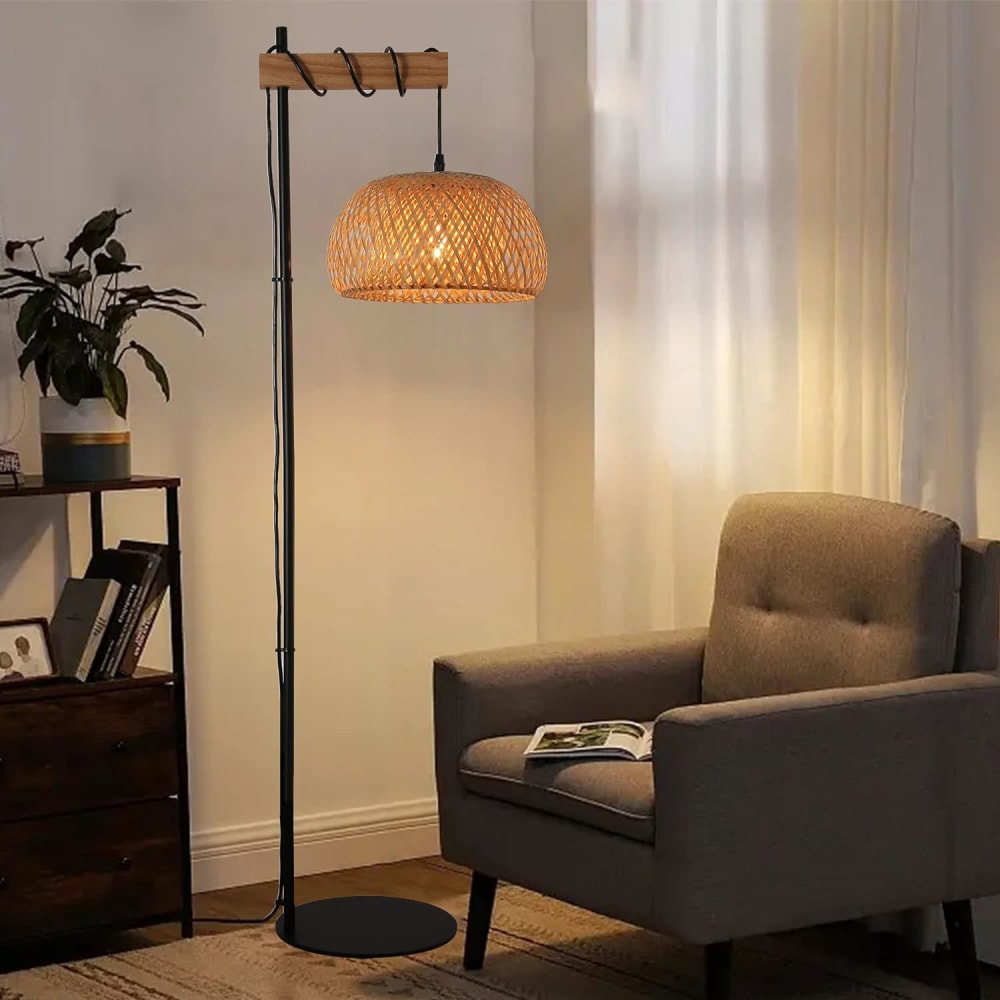 Stehlampe mit rundem Schirm aus Holz und Rattan, E27 - Maisons Du
